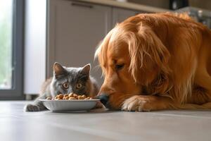 ai gegenereerd schattig hond en kat met kom van smakelijk hond voedsel Bij huis. foto