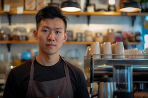 ai gegenereerd zelfverzekerd mannetje barista staand in koffie winkel met ai gegenereerd. foto