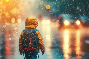 ai gegenereerd terug visie van een jongen met een rugzak wandelen Aan de regenachtig straat. foto