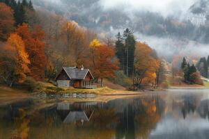 ai gegenereerd oever van het meer cabine in herfst berg landschap. foto
