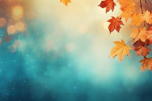 ai gegenereerd herfst achtergrond met esdoorn- bladeren en bokeh lichten. foto