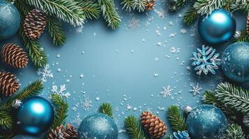 ai gegenereerd blauw Kerstmis achtergrond versierd met ballen, en feestelijk decoraties in een kader. foto