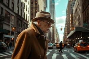 ai gegenereerd ouderen Mens met hoed en zonnebril wandelen in de stad. foto
