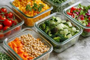 ai gegenereerd gezond voedsel levering concept. groente salades in plastic containers. foto