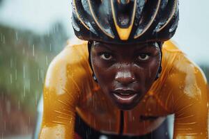 ai gegenereerd vastbesloten fietser opleiding in de regen met ai gegenereerd. foto