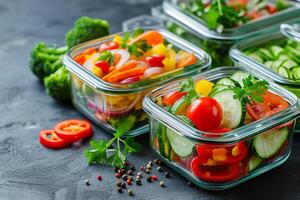 ai gegenereerd gezond voedsel levering concept. groente salades in plastic containers. foto