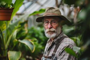 ai gegenereerd glimlachen jong mannetje tuinman in kas met ai gegenereerd. foto