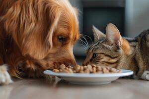 ai gegenereerd schattig hond en kat met kom van smakelijk hond voedsel Bij huis. foto