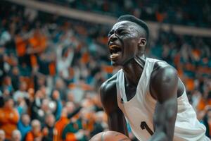 ai gegenereerd intens basketbal speler in actie Aan rechtbank. foto