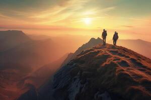 ai gegenereerd paar van wandelaars Aan top van een berg in de zonsondergang foto