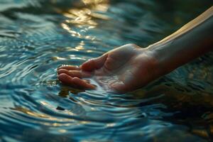 ai gegenereerd vrouw hand- Holding een laten vallen van water Aan de achtergrond van de zee foto