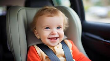 ai gegenereerd lachend baby in een oranje trui, veilig geknikt in een auto stoel, genieten van een auto rijden. foto