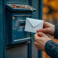 ai gegenereerd detailopname van een hand- plaatsen een envelop in een blauw postbus. foto