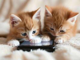 ai gegenereerd twee nieuwsgierig kittens handtastelijkheden Bij een smartphone. foto