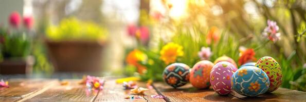 ai gegenereerd hand- geschilderd Pasen eieren van verschillend kleuren Aan een houten oppervlakte met voorjaar bloemen in de achtergrond. foto