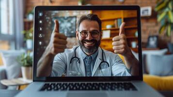 ai gegenereerd laptop scherm gedurende een video telefoongesprek. de dokter handen zijn gezien geven een duimen omhoog naar de geduldig, overbrengen mooi zo nieuws over test resultaten of behandeling voortgang. foto