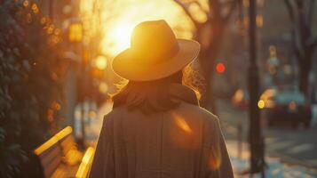 ai gegenereerd een slank jong vrouw in een hoed en jas is gezien van achter net zo ze wandelingen naar beneden de straat Aan een zonnig voorjaar dag foto