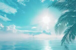 ai gegenereerd een mooi zon in de lucht Aan een tropisch strand achtergrond foto