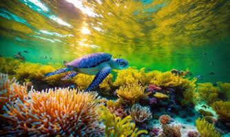 ai gegenereerd leven in een koraal rif. rijk kleuren van tropisch vis. dieren van de onderwater- zee wereld. ecosysteem. foto