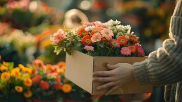 ai gegenereerd een hand- Holding een doos dat biedt groenten en bloemen Aan de boerderij foto