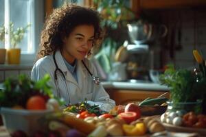 ai gegenereerd vrouw dokter werken van huis Aan een tafel met voedsel en fruit foto