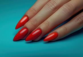 ai gegenereerd kleurrijk hand- met rood manicure foto