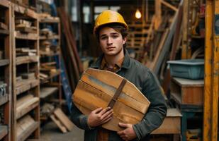 ai gegenereerd een jong Mens Holding hout en een helm in een werkplaats foto