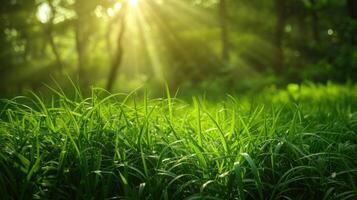 ai gegenereerd natuurlijk zon stralen zon licht in beweging gras foto