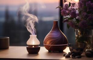 ai gegenereerd een essentieel olie verdeler zittend Aan een tafel vol van aromatherapie kaars foto