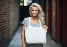 ai gegenereerd vrouw Holding een tote zak tegen steen muur foto