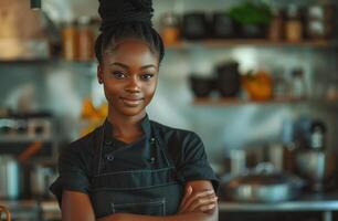 ai gegenereerd een mooi vrouw chef in de keuken met haar armen gekruiste foto