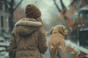 ai gegenereerd vrouw wandelen haar geel labrador puppy in stad foto