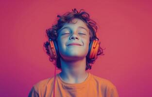 ai gegenereerd een jong jongen is glimlachen net zo hij luistert naar muziek- met hoofdtelefoons foto