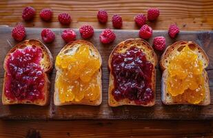 ai gegenereerd vier plakjes van brood met vier verschillend jam Aan hen foto