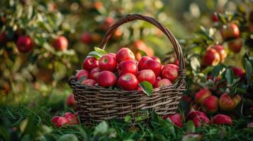 ai gegenereerd rood appels in zonovergoten boomgaard foto
