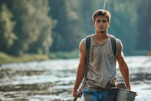 ai gegenereerd een jong Mens wandelingen in denim shorts en een mouwloos t-shirt met een metaal emmer en visvangst hengel in de buurt de rivier- foto