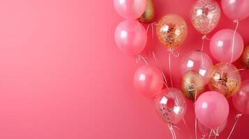 ai gegenereerd mooi feestelijk minimalistisch roze achtergrond met goud en Doorzichtig ballonnen Aan de zijden foto