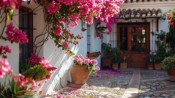 ai gegenereerd bougainvillea planten in een klei pot staat Aan de terras van een klassiek rustiek Spaans huis foto