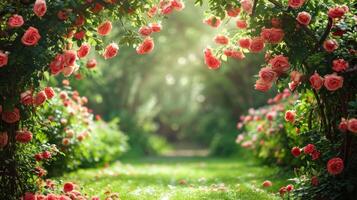 ai gegenereerd mooi helder achtergrond van een zomer tuin met een bloeiend roos struik foto