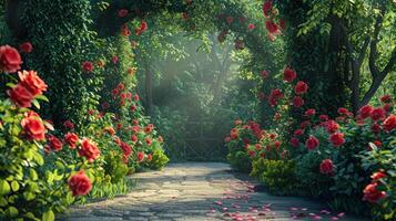 ai gegenereerd mooi helder achtergrond van een zomer tuin met een bloeiend roos struik foto