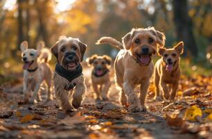 ai gegenereerd vijf honden wandelen in de park foto