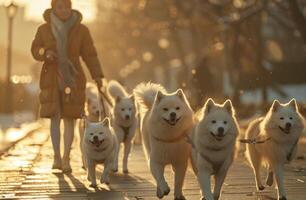 ai gegenereerd meerdere wit honden zijn wandelen langs met een vrouw Aan een riem foto