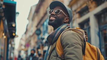 ai gegenereerd glimlachen hipster reiziger verkennen stad straten foto