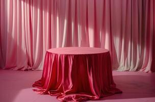 ai gegenereerd rood tafelkleed en tafelblad in een kamer met licht Purper achtergrond foto