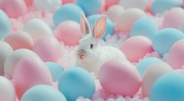 ai gegenereerd een wit konijn is staand in een menigte van roze en blauw eieren foto