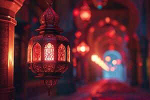 ai gegenereerd een Islamitisch lamp is lit omhoog nacht in karachi foto