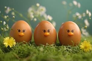 ai gegenereerd vier bruin Pasen eieren Aan groen gekleurde achtergrond foto