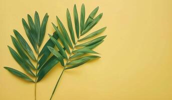 ai gegenereerd groen palm blad Bij geel achtergrond met twee bladeren groen blad foto