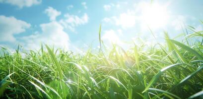 ai gegenereerd groen gras en blauw lucht achtergrond foto