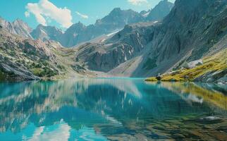 ai gegenereerd de rotsachtig bergen zijn weerspiegeld in de kristal blauw water van de meer in de rotsachtig bergen foto